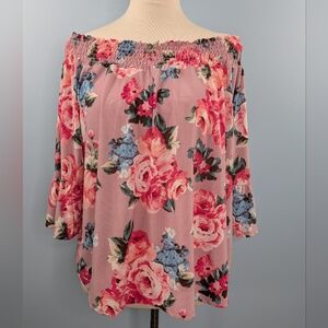 THREADS STUDIO Women’s Off The Shoulder 3/4 Sleeve Pink Floral Blouse Top Large